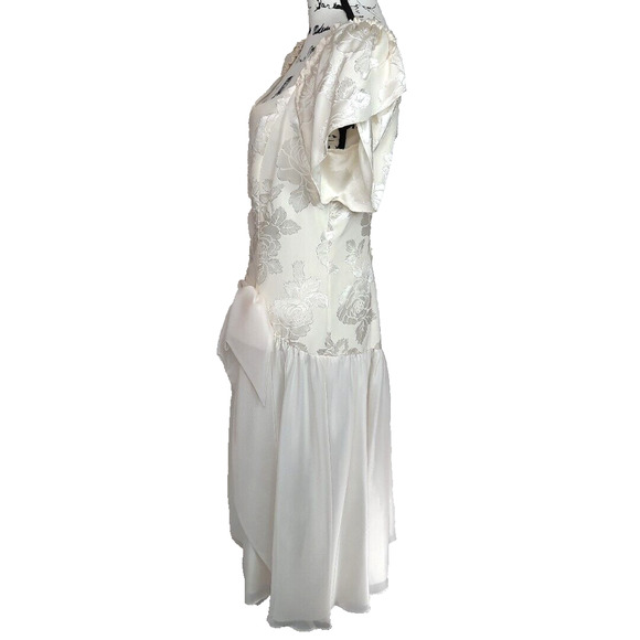 Vintage 80s Satin Chiffon Puff Sleeve Drop Waist Dress Size 16 Formal Wedding - Picture 8 of 16